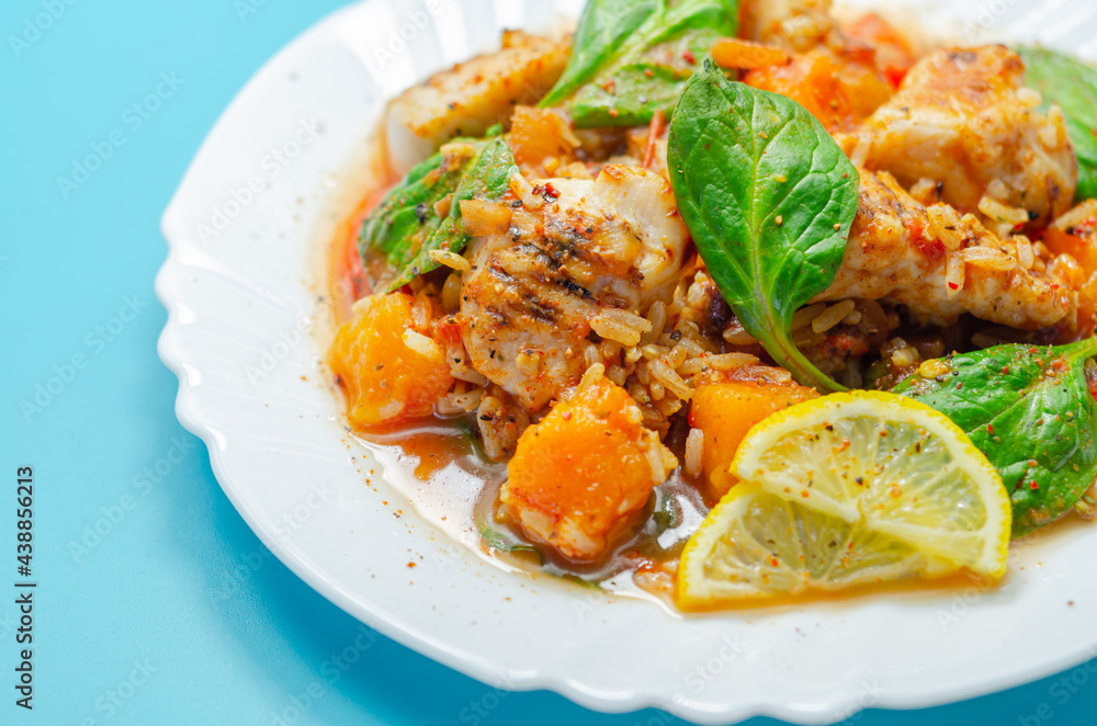 Chicken Jambalaya, cooked chicken breast pieces, in a spiced tomato