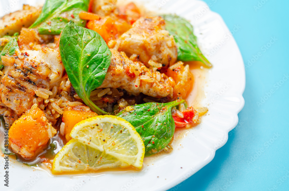 Chicken Jambalaya, cooked chicken breast pieces, in a spiced tomato