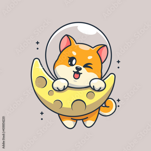 Cute shiba inu dog hanging on the moon cartoon