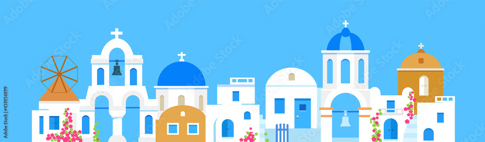 Santorini. Greece. Buildings of architecture. Panoramic view. Traditional Greek white houses with blue roofs and churches. Vector flat illustration.