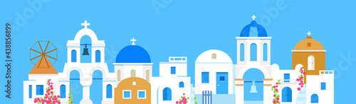 Santorini. Greece. Buildings of architecture. Panoramic view. Traditional Greek white houses with blue roofs and churches. Vector flat illustration.