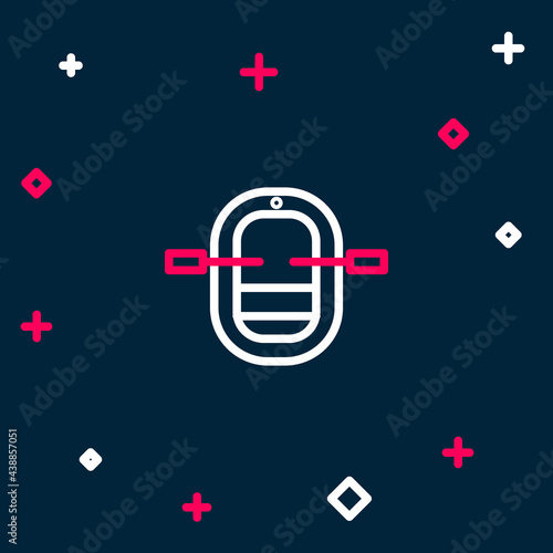 Line Rafting boat icon isolated on blue background. Inflatable boat with paddles. Water sports, extreme sports, holiday, vacation. Colorful outline concept. Vector