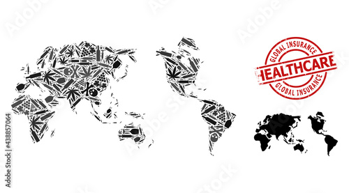 Vector addiction mosaic map of Earth. Rubber health care round red stamp. Concept for narcotic addiction and health care promotion. Map of Earth is done of injection needles, deadly, medicament, hemp,