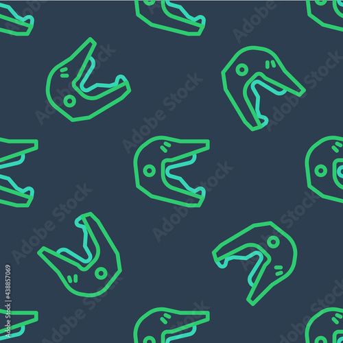 Line Motocross motorcycle helmet icon isolated seamless pattern on blue background. Vector