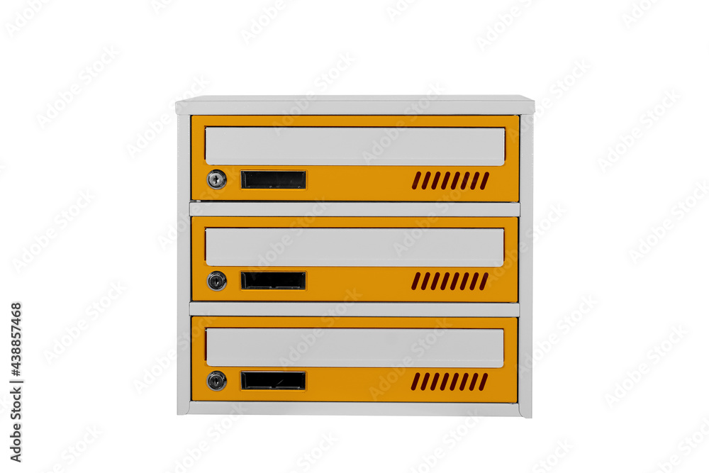 Yellow mailboxes on the white background isolated. Mail box for entrance of apartment house. Metal mailbox Yellow mailboxes on the white background isolated. Mail box for entrance of apartment house. Metal mailbox
