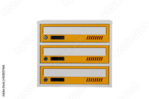 Yellow mailboxes on the white background isolated. Mail box for entrance of apartment house. Metal mailbox