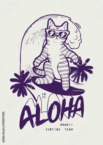 Cat surfing. Cute pet character wearing sunglasses surfing wave. Aloha palm tree summer sports typography t-shirt print vector illustration.