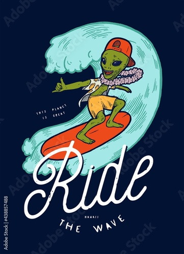 Canvas Print Alien surfing teenage character in hawaiian wreath showing shaka sign