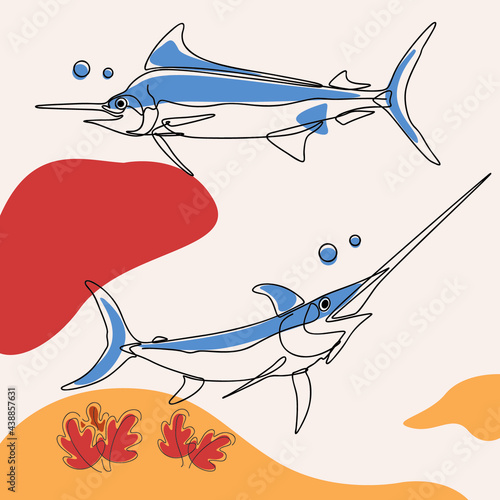 creative minimalist marlin fish line art illustrations for wall decoration, postcard or brochure cover design. Vector