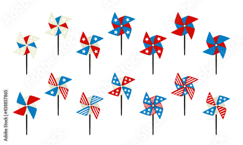 Pinwheel icons set isolated. Paper spinners by July 4th in national colors of United States of America. Vector illustration for USA Independence or Election Day
