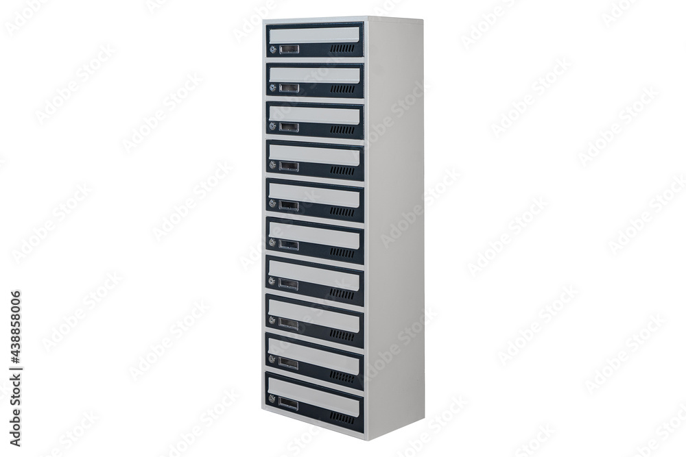 Mailboxes in the condo. metal mailbox with lockable center in condo. Mailbox on the white background isolated