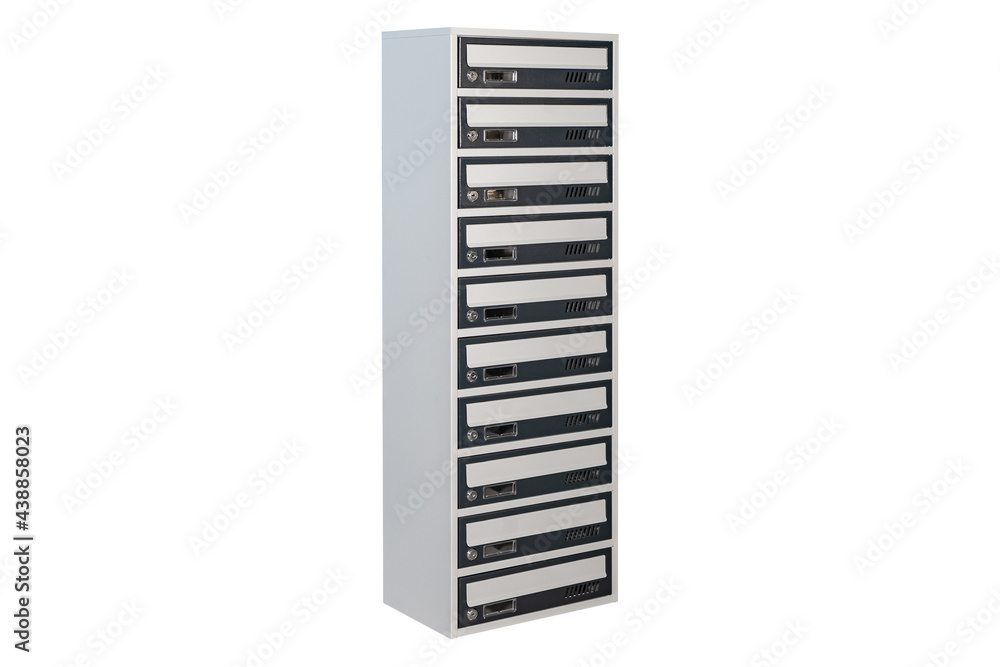 Mailboxes in the condo. metal mailbox with lockable center in condo. Mailbox on the white background isolated Mailboxes in the condo. metal mailbox with lockable center in condo. Mailbox on the white background isolated