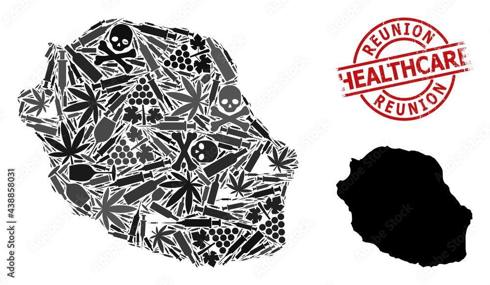 Vector drugs composition map of Reunion Island. Grunge health care round red watermark. Concept for narcotic addiction and health care propaganda. Vector drugs composition map of Reunion Island. Grunge health care round red watermark. Concept for narcotic addiction and health care propaganda.
