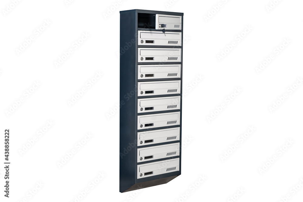 Mailboxes in the condo. metal mailbox with lockable center in condo. Mailbox on the white background isolated Mailboxes in the condo. metal mailbox with lockable center in condo. Mailbox on the white background isolated