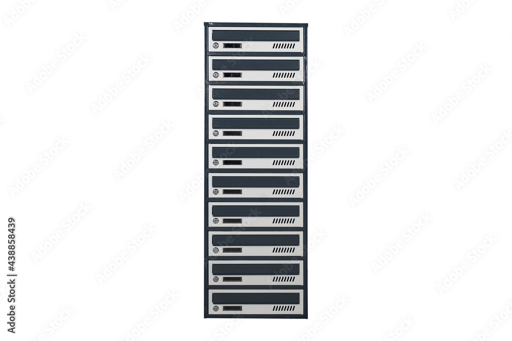 Mailboxes in the condo. metal mailbox with lockable center in condo. Mailbox on the white background isolated Mailboxes in the condo. metal mailbox with lockable center in condo. Mailbox on the white background isolated
