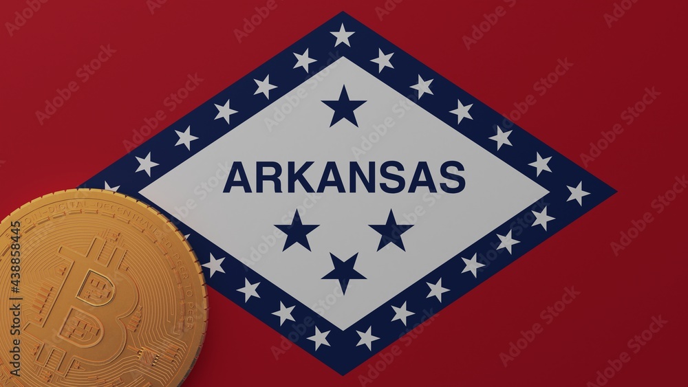 Gold Bitcoin in the Bottom Left Corner on the US State Flag of Arkansas