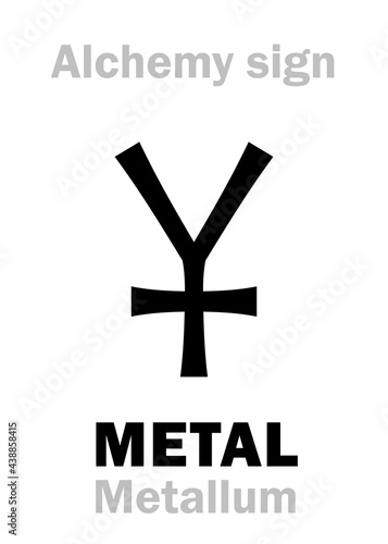 Alchemy Alphabet: METAL (Metallum, Μέταλλον — mine, quarry, metal, шахта, рудник), solid, hard, shiny, malleable, fusible, ductile material. Late common symbol for metals. Chemical formula=[M], [Me].