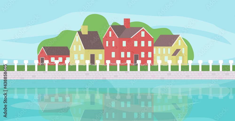 Town landscape with bright houses and river vector illustration.