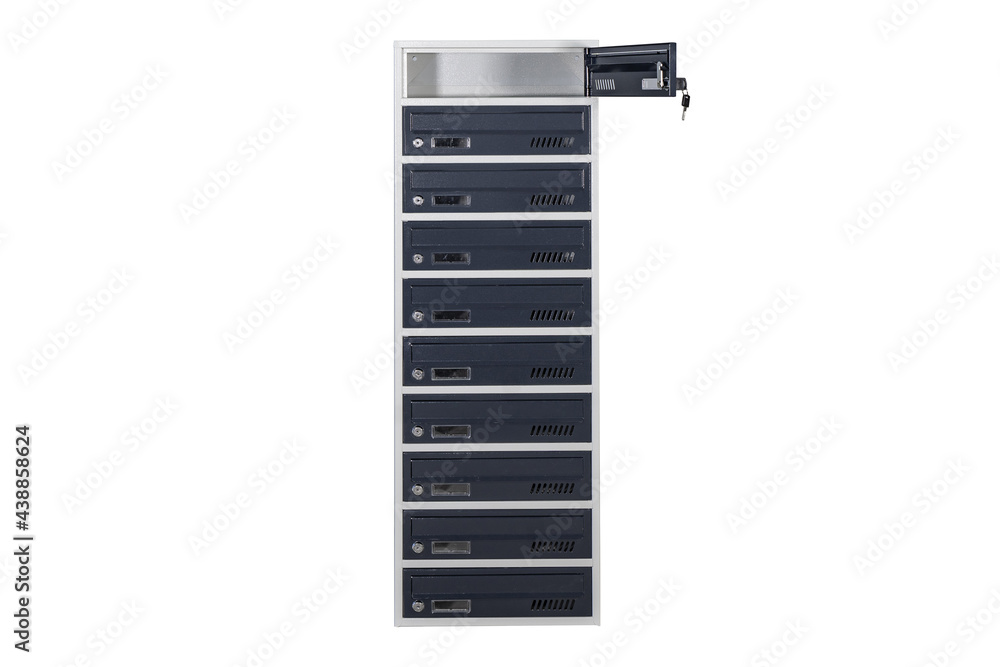 Mailboxes in the condo. metal mailbox with lockable center in condo. Mailbox on the white background isolated Mailboxes in the condo. metal mailbox with lockable center in condo. Mailbox on the white background isolated