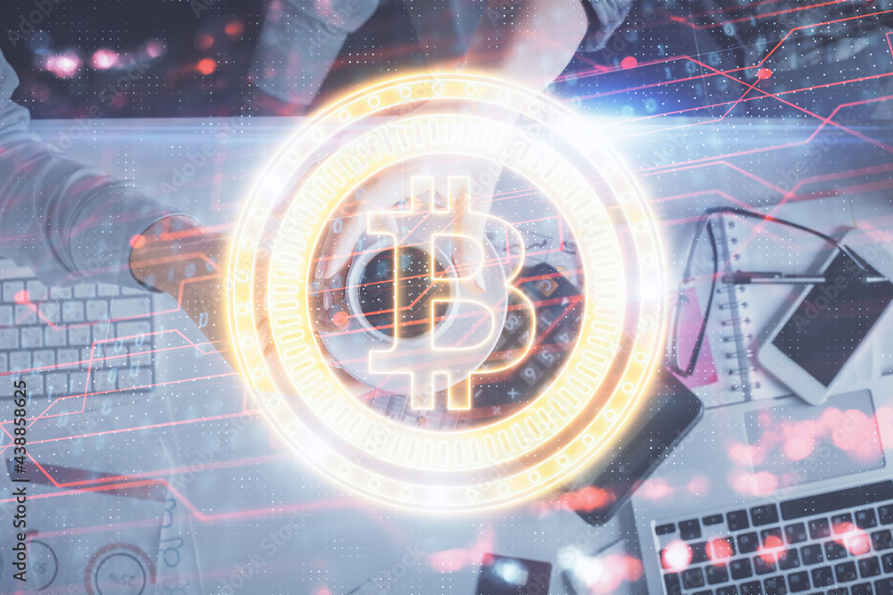 Double exposure of man and woman working together and crypto theme hologram drawing. Computer background. Blockchain concept. Top View. Double exposure of man and woman working together and crypto theme hologram drawing. Computer background. Blockchain concept. Top View.