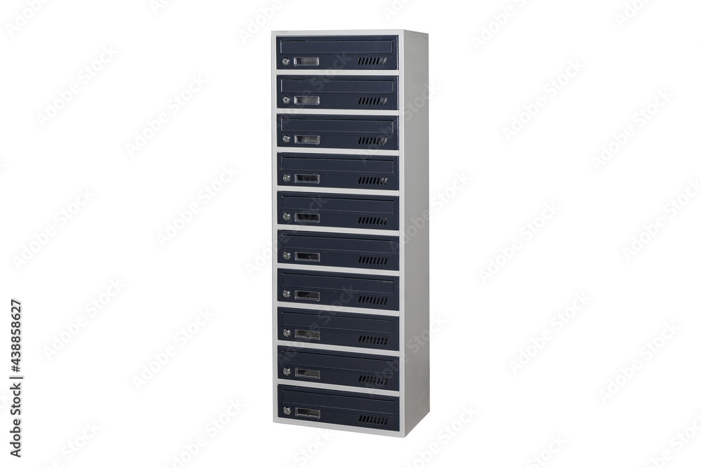 Mailboxes in the condo. metal mailbox with lockable center in condo. Mailbox on the white background isolated Mailboxes in the condo. metal mailbox with lockable center in condo. Mailbox on the white background isolated