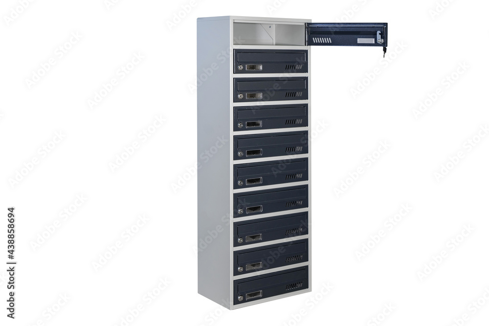 Mailboxes in the condo. metal mailbox with lockable center in condo. Mailbox on the white background isolated Mailboxes in the condo. metal mailbox with lockable center in condo. Mailbox on the white background isolated