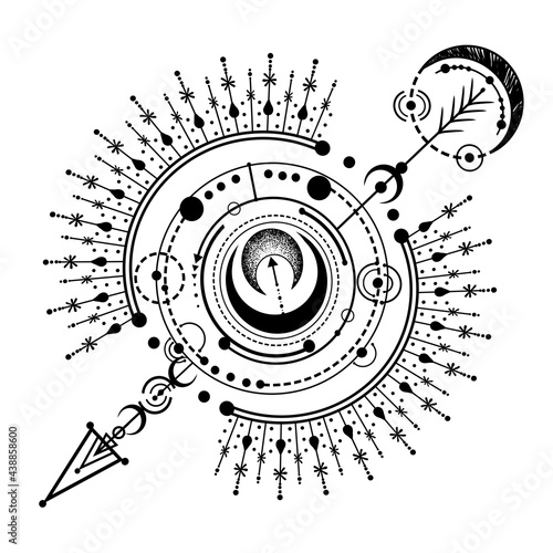 Vector illustration, magical astrology, spirituality and occultism,  Alchemy, Handmade, print on t-shirt, tattoo
