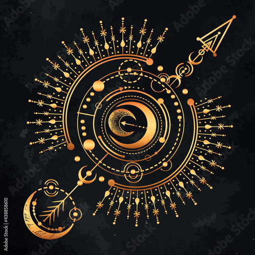 Vector illustration, magical astrology, spirituality and occultism,  Alchemy, Handmade, print on t-shirt, tattoo, chalkboard background