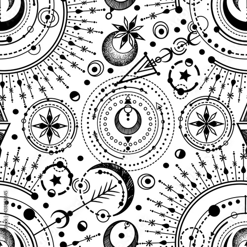 Vector illustration, magical astrology, spirituality and occultism,  Alchemy, Handmade, print on t-shirt, seamless pattern, light  background