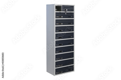 Mailboxes in the condo. metal mailbox with lockable center in condo. Mailbox on the white background isolated