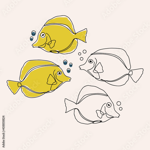 minimalist line art style four yellow fish illustration and one line art with earth tone. editable and suitable for templates as well as illustrations. vector