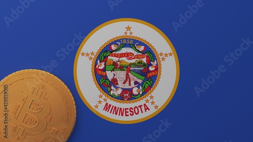 Fotografie Gold Bitcoin in the Bottom Left Corner on the US State Flag of Minnesota