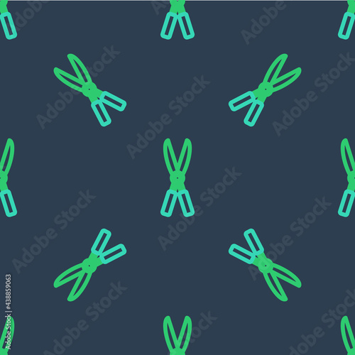 Line Gardening handmade scissors for trimming icon isolated seamless pattern on blue background. Pruning shears with wooden handles. Vector