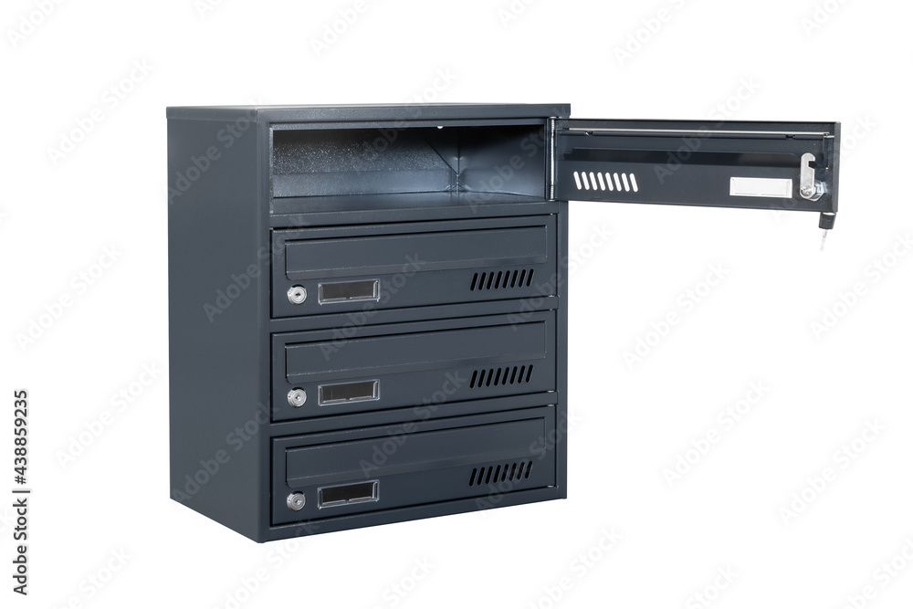 Mailboxes in the condo. metal mailbox with lockable center in condo. Mailbox on the white background isolated Mailboxes in the condo. metal mailbox with lockable center in condo. Mailbox on the white background isolated