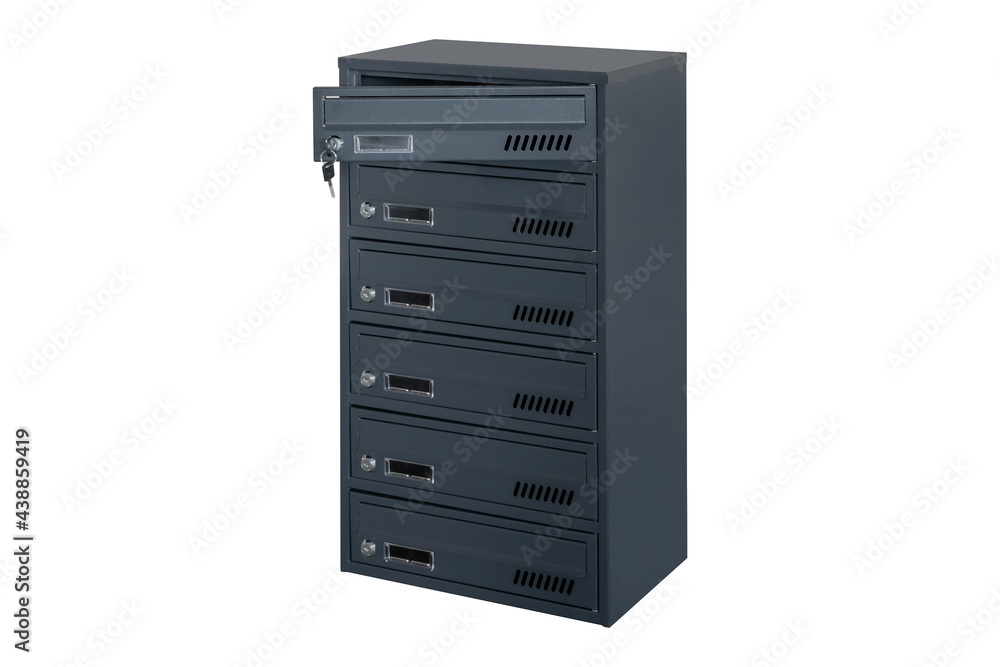 Mailboxes in the condo. metal mailbox with lockable center in condo. Mailbox on the white background isolated Mailboxes in the condo. metal mailbox with lockable center in condo. Mailbox on the white background isolated