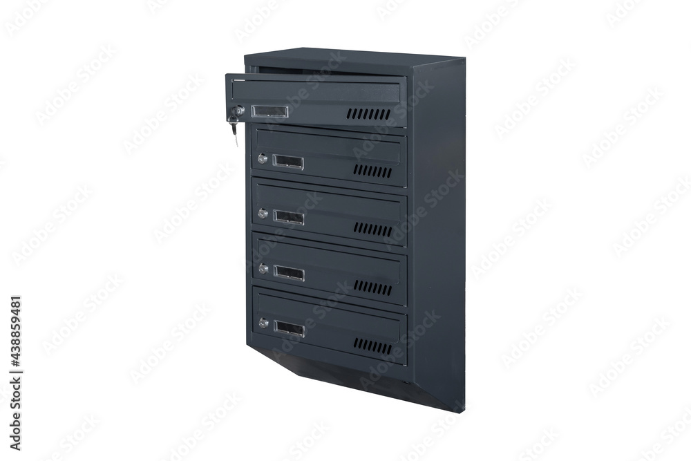 Mailboxes in the condo. metal mailbox with lockable center in condo. Mailbox on the white background isolated Mailboxes in the condo. metal mailbox with lockable center in condo. Mailbox on the white background isolated