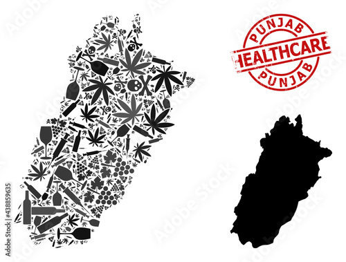 Vector narcotic mosaic map of Punjab Province. Scratched healthcare round red rubber imitation. Concept for narcotic addiction and healthcare projects.