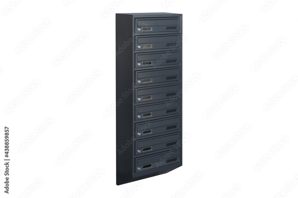 Mailboxes in the condo. metal mailbox with lockable center in condo. Mailbox on the white background isolated Mailboxes in the condo. metal mailbox with lockable center in condo. Mailbox on the white background isolated