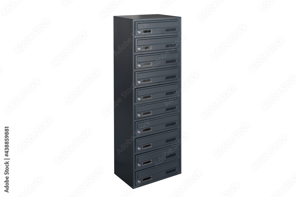 Mailboxes in the condo. metal mailbox with lockable center in condo. Mailbox on the white background isolated Mailboxes in the condo. metal mailbox with lockable center in condo. Mailbox on the white background isolated