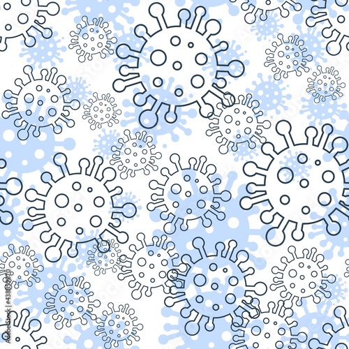 Seamless pattern with coronavirus icons on a white background. Flat design print. Abstract background of coronavirus molecules in gray-blue color.