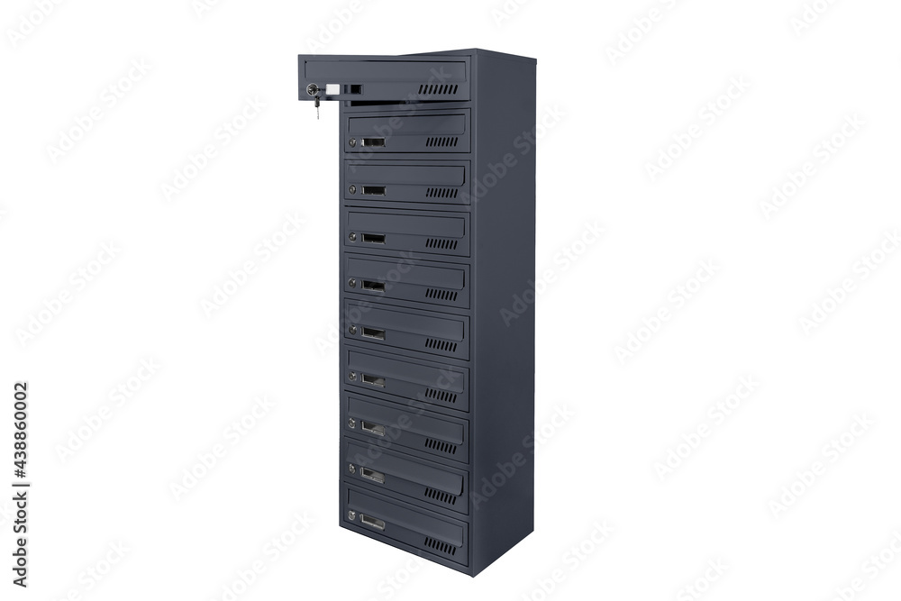 Mailboxes in the condo. metal mailbox with lockable center in condo. Mailbox on the white background isolated Mailboxes in the condo. metal mailbox with lockable center in condo. Mailbox on the white background isolated