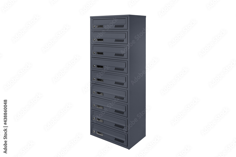 Mailboxes in the condo. metal mailbox with lockable center in condo. Mailbox on the white background isolated Mailboxes in the condo. metal mailbox with lockable center in condo. Mailbox on the white background isolated
