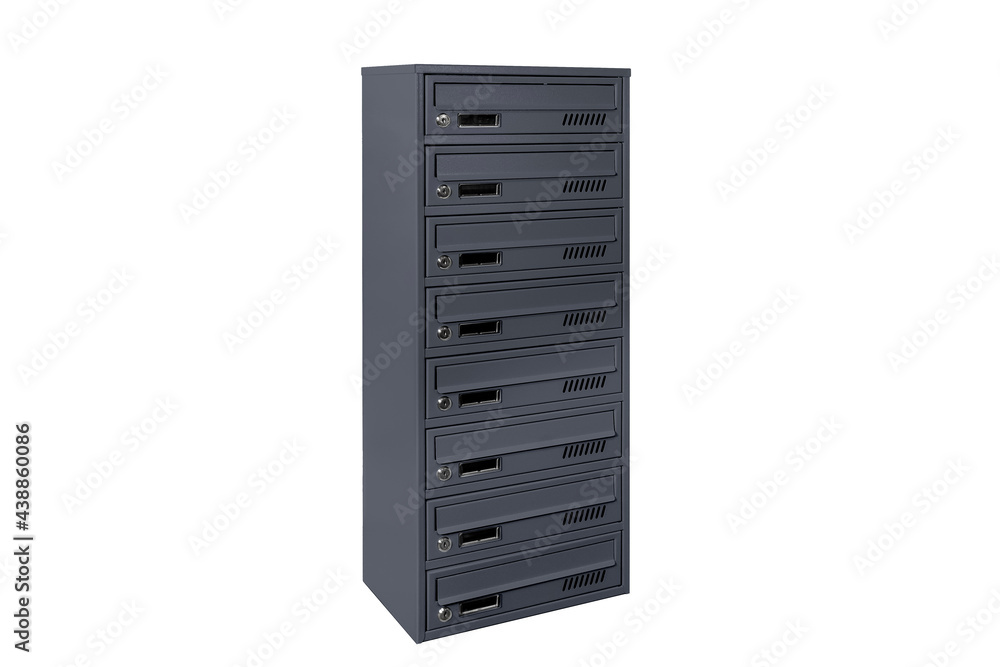 Mailboxes in the condo. metal mailbox with lockable center in condo. Mailbox on the white background isolated Mailboxes in the condo. metal mailbox with lockable center in condo. Mailbox on the white background isolated