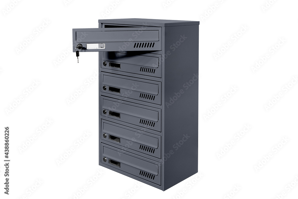 Mailboxes in the condo. metal mailbox with lockable center in condo. Mailbox on the white background isolated Mailboxes in the condo. metal mailbox with lockable center in condo. Mailbox on the white background isolated