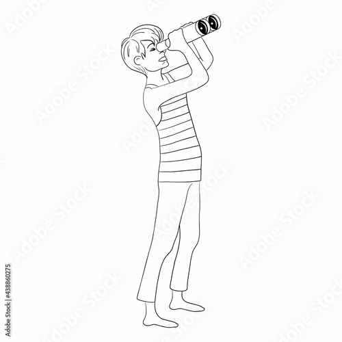Guy looking into the distance through binoculars. Linear illustration on isolated white background.
