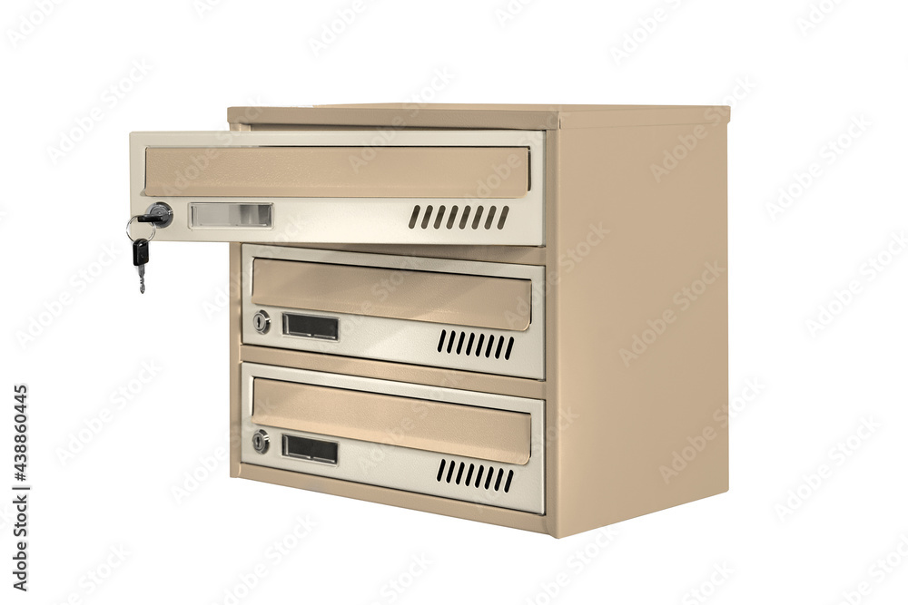 Mailboxes in the condo. metal mailbox with lockable center in condo. Mailbox on the white background isolated Mailboxes in the condo. metal mailbox with lockable center in condo. Mailbox on the white background isolated