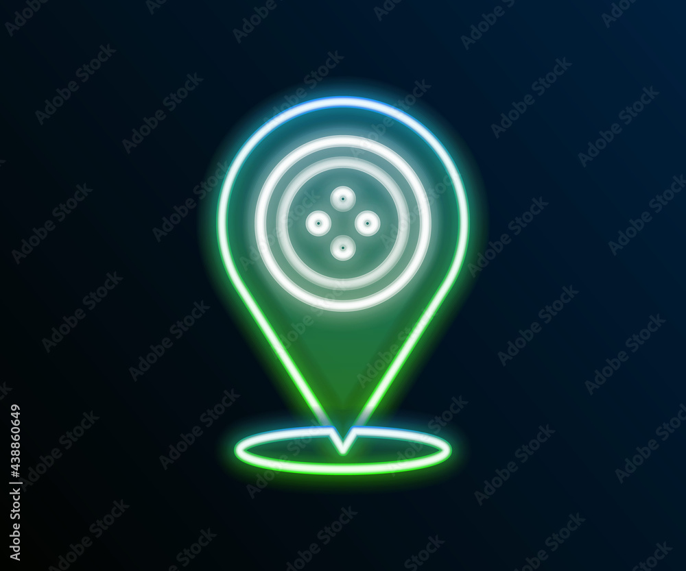 Glowing neon line Location tailor shop icon isolated on black background. Colorful outline concept. Vector Glowing neon line Location tailor shop icon isolated on black background. Colorful outline concept. Vector