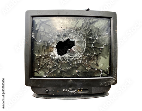 old tv with broken display on white isolated background
