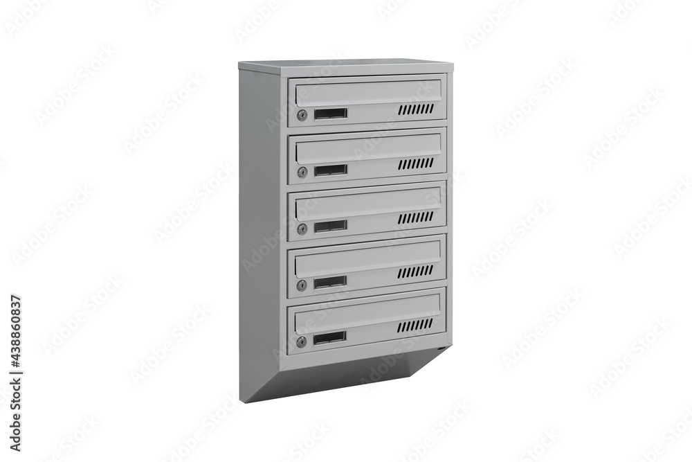 Mailboxes in the condo. metal mailbox with lockable center in condo. Mailbox on the white background isolated Mailboxes in the condo. metal mailbox with lockable center in condo. Mailbox on the white background isolated