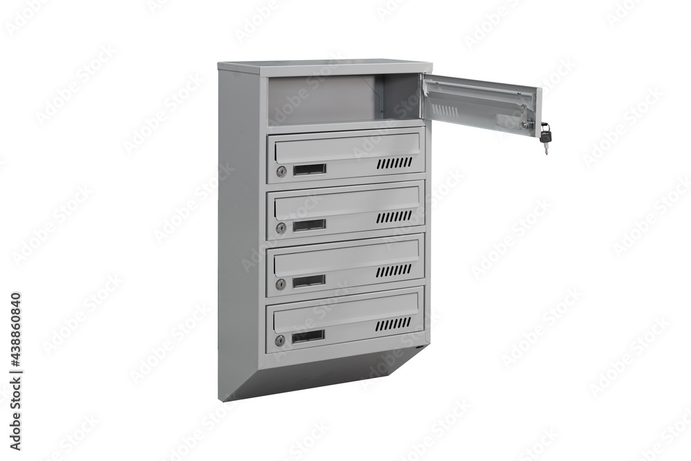 Mailboxes in the condo. metal mailbox with lockable center in condo. Mailbox on the white background isolated Mailboxes in the condo. metal mailbox with lockable center in condo. Mailbox on the white background isolated